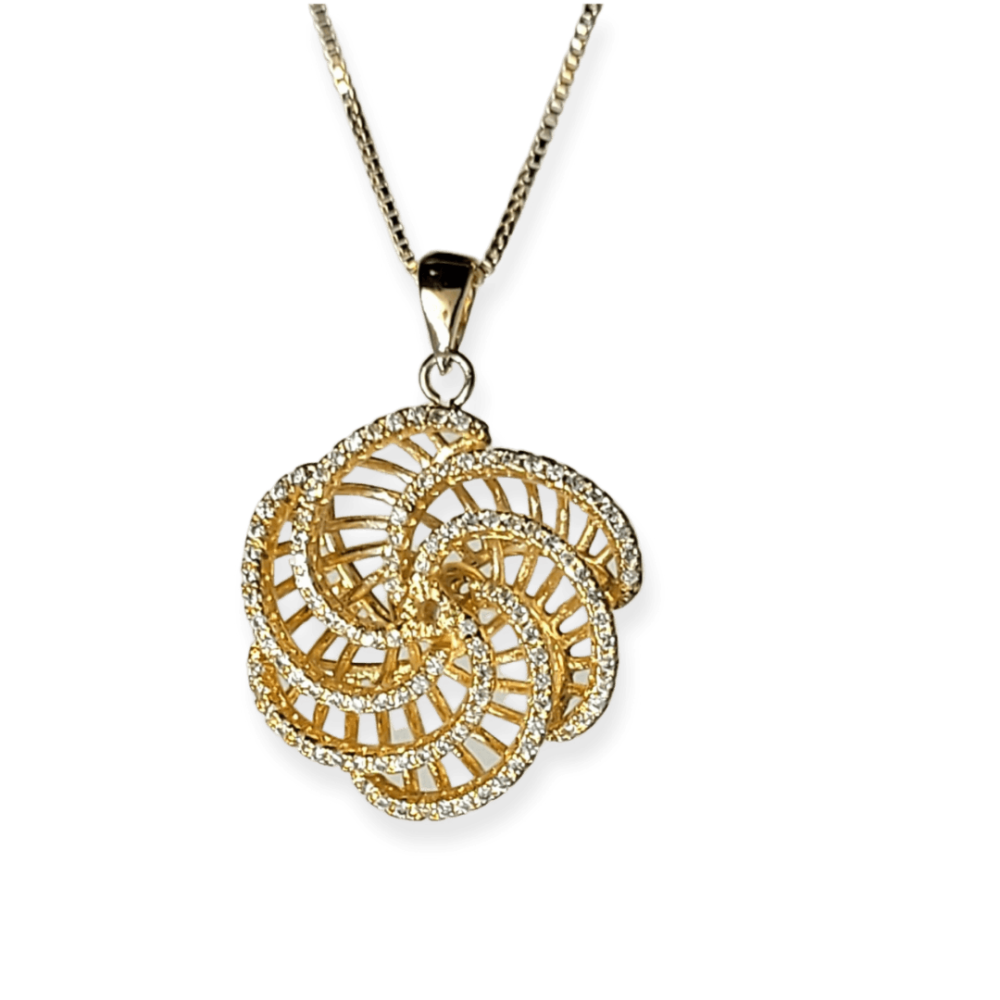 Colar pingente flor espiral cravejada micro zircônias banho ouro 18k