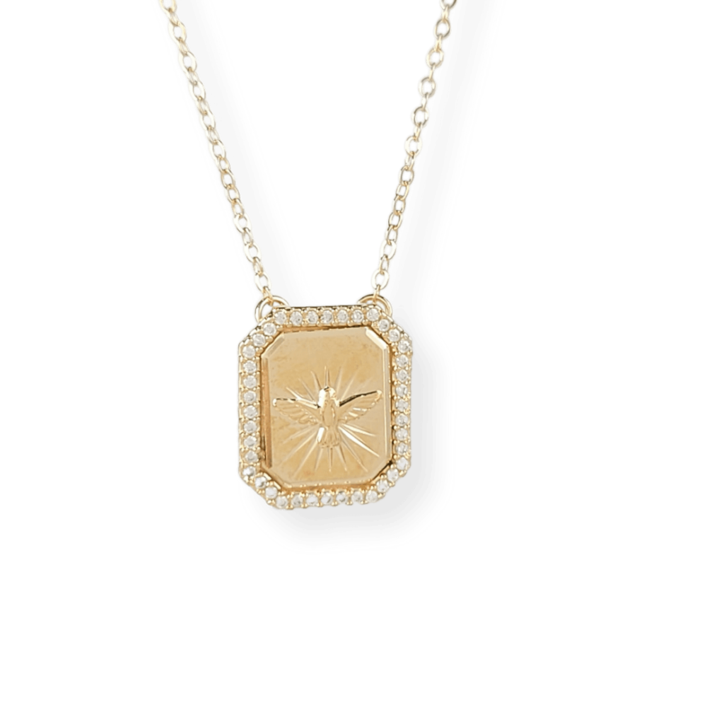 Colar pingente quadrado espirito santo borda cravejada micro zircônias cristal banho ouro 18k