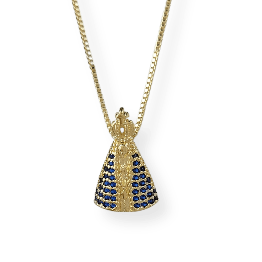 Colar pingente N.Sra.Aparecida manto cravejado micro zircônias safira banho ouro 18k