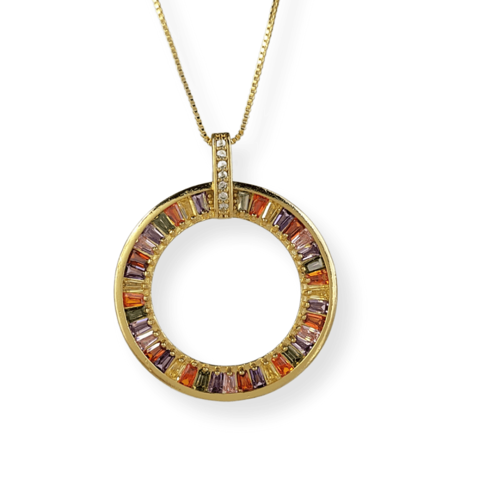 Colar mandala vazada cristais coloridos lapidados banho ouro 18k