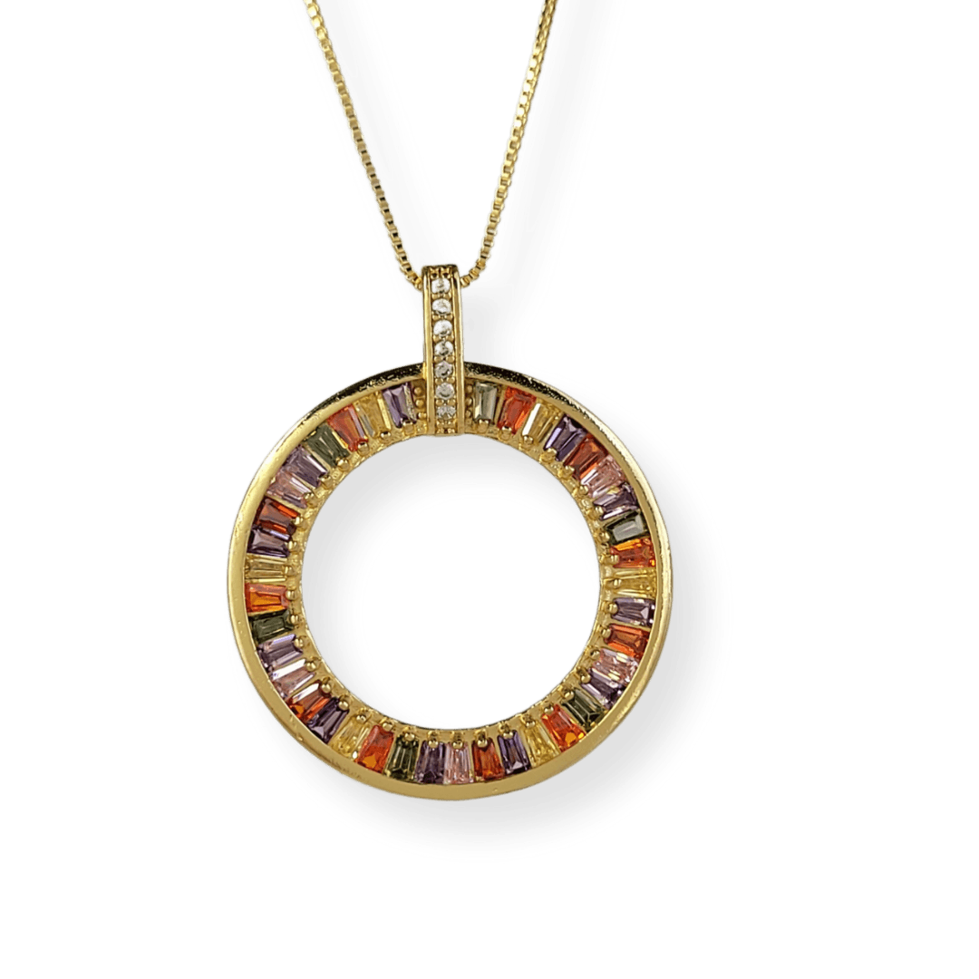 Colar mandala vazada cristais coloridos lapidados banho ouro 18k