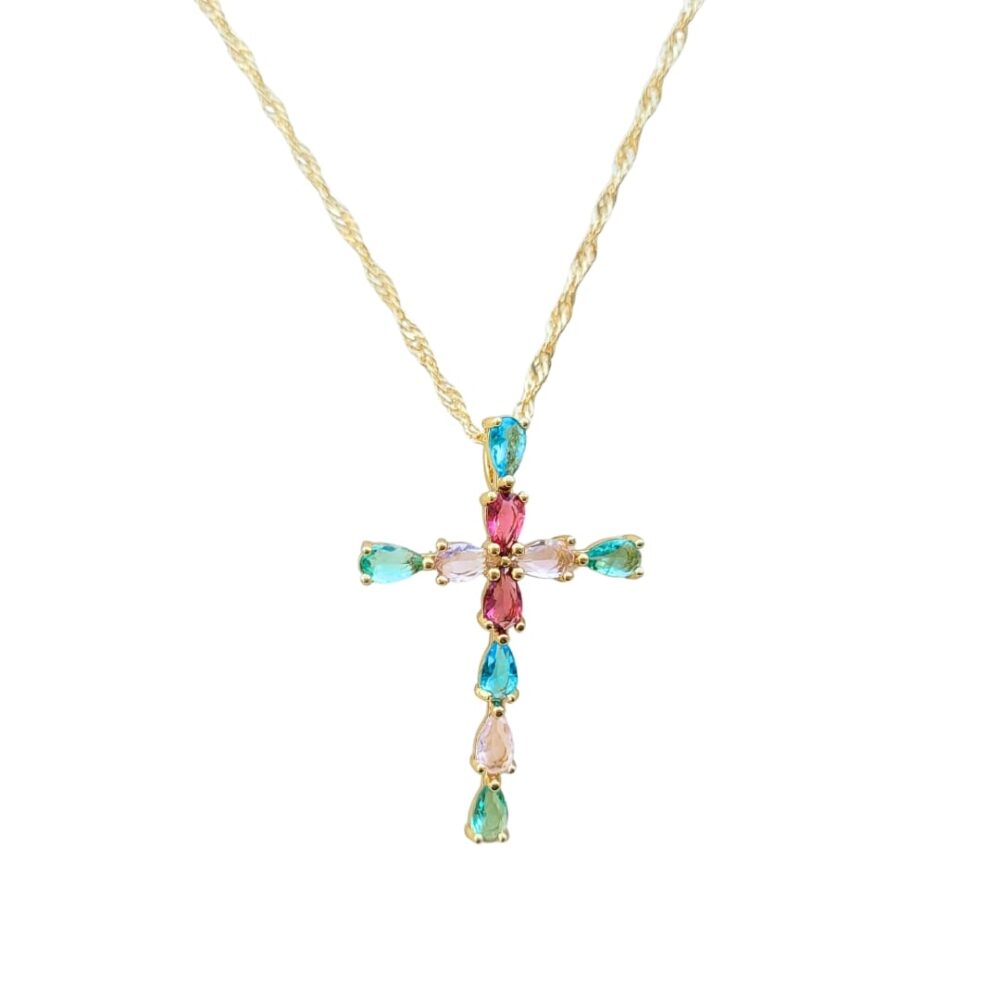 Colar cruz cristais coloridos banho ouro 18k