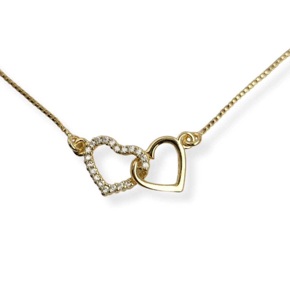 Colar 2 corações vazados 1 coração cravejado micro zircônias cristal 1 coração liso banho ouro 18k