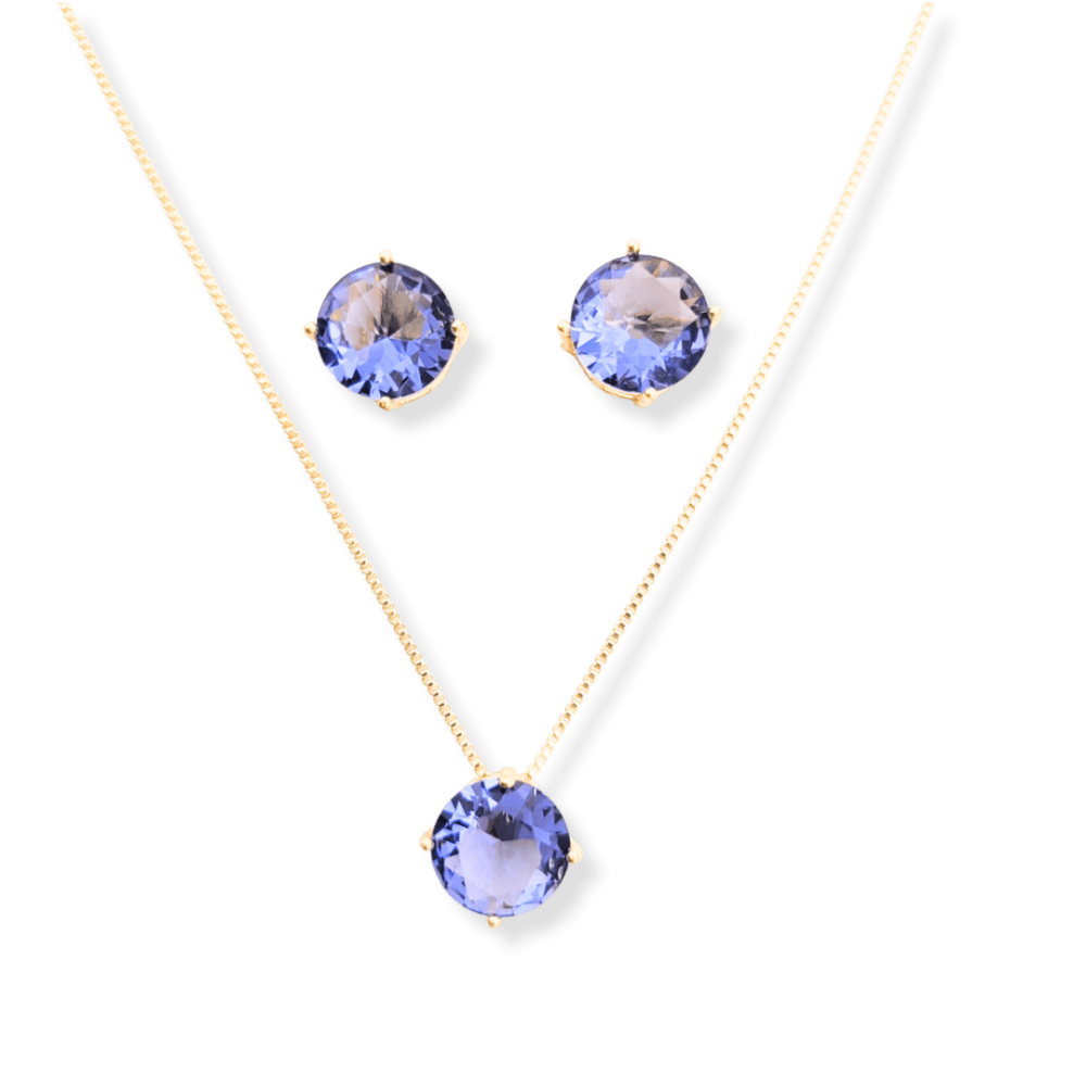 Conjunto colar e brinco ponto de luz formato redondo zircônia cor ametista banho ouro 18k