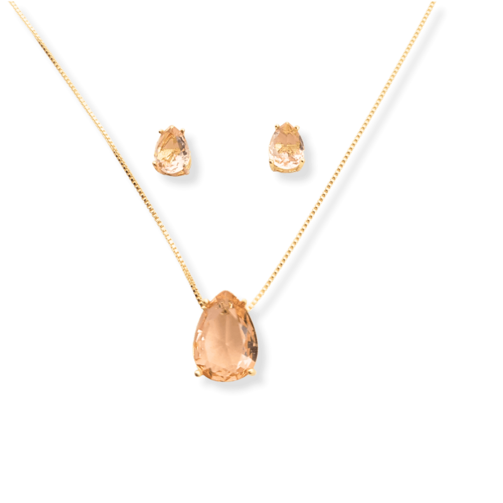 Conjunto colar e brinco ponto de luz formato gota zircônia cor light peach banho ouro 18k