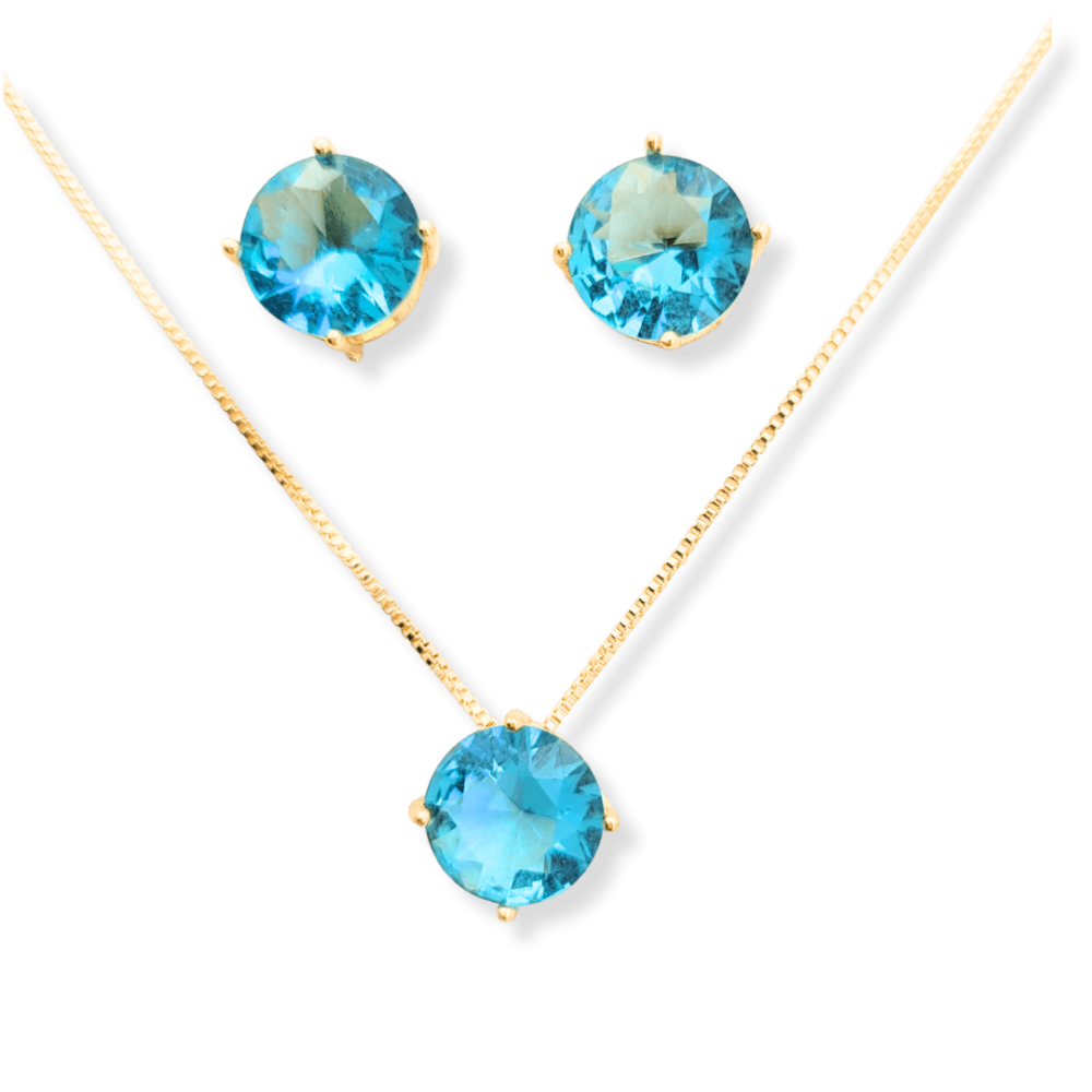 Conjunto colar e brinco ponto de luz formato redondo zircônia cor topázio banho ouro 18k