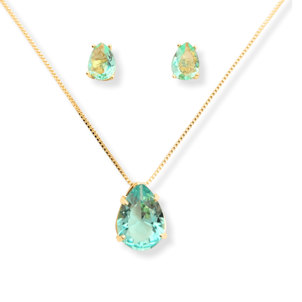 Conjunto colar e brinco ponto de luz formato gota zircônia cor light green banho ouro 18k