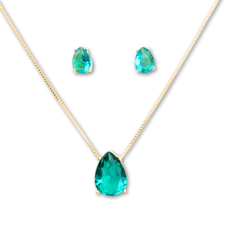 Conjunto colar e brinco ponto de luz formato gota zircônia cor turmalina banho ouro 18k