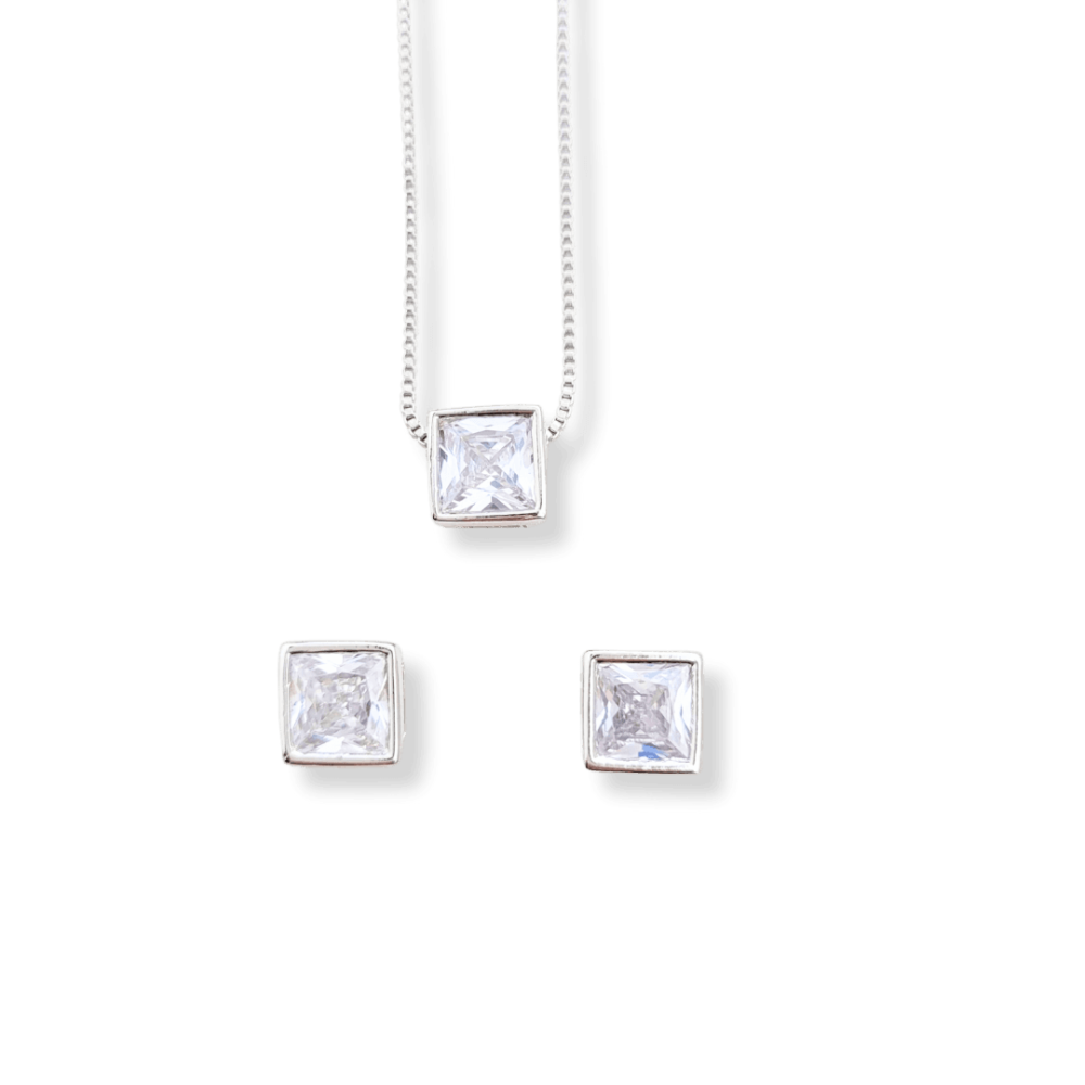 Conjunto colar e brincos ponto de luz quadrado zircônia banho ródio