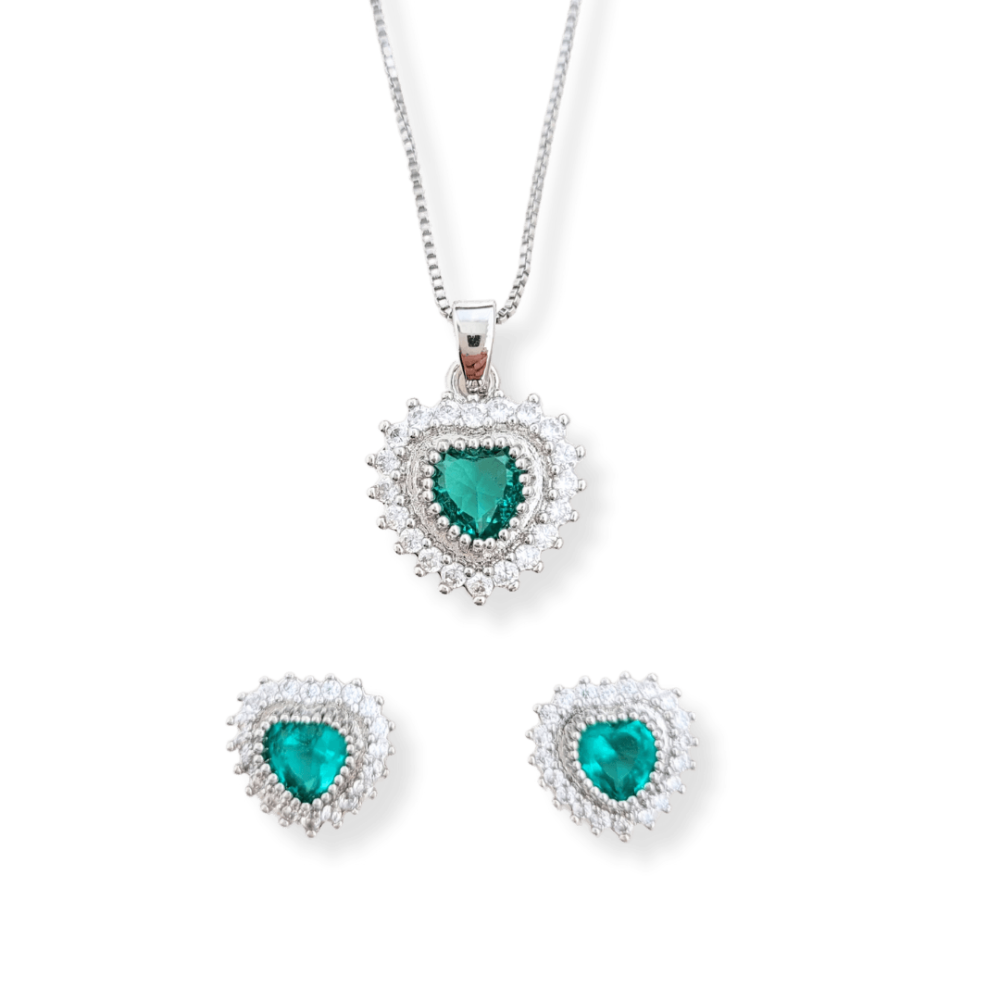 Conjunto colar e brincos coração zircônias turmalina cravejado micro zircônias cristal banho ródio