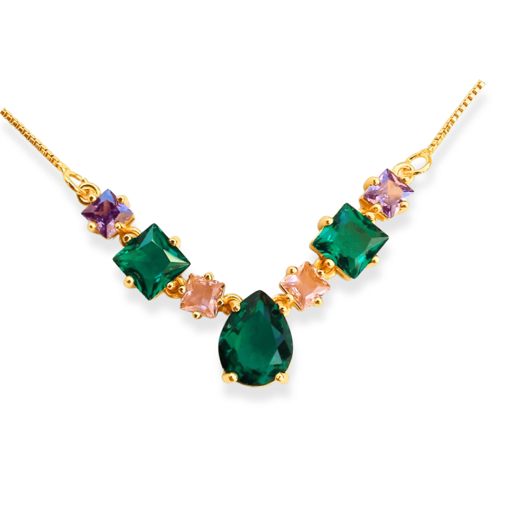 Colar zircônias carré ametista esmeralda quartzo rosa gota esmeralda banho ouro 18k