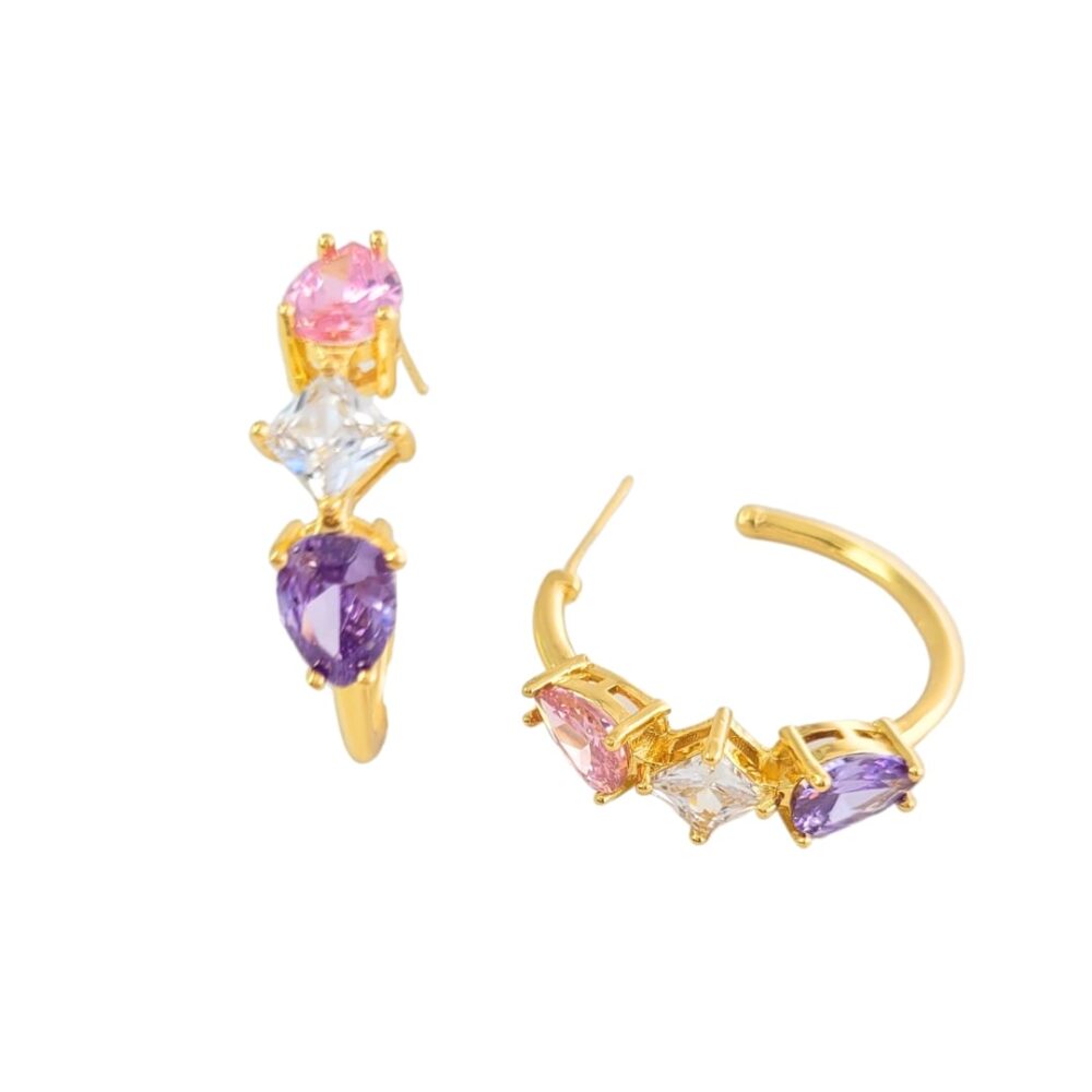 Brinco argola 3 zircônias 1 gota ametista 1 gota quartzo rosa 1 carré cristal banho ouro 18k