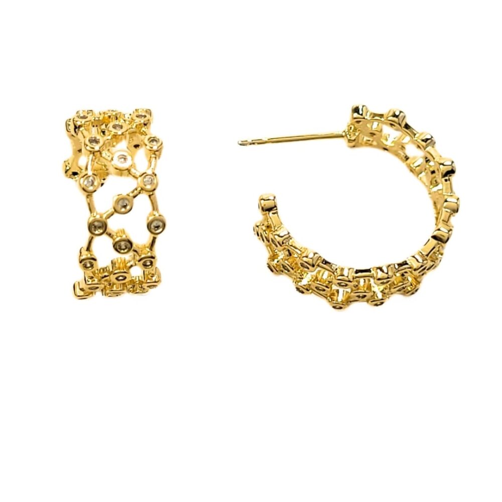 Brinco Argola Rendada Cravejada Micro Zircônias Banho Ouro 18k