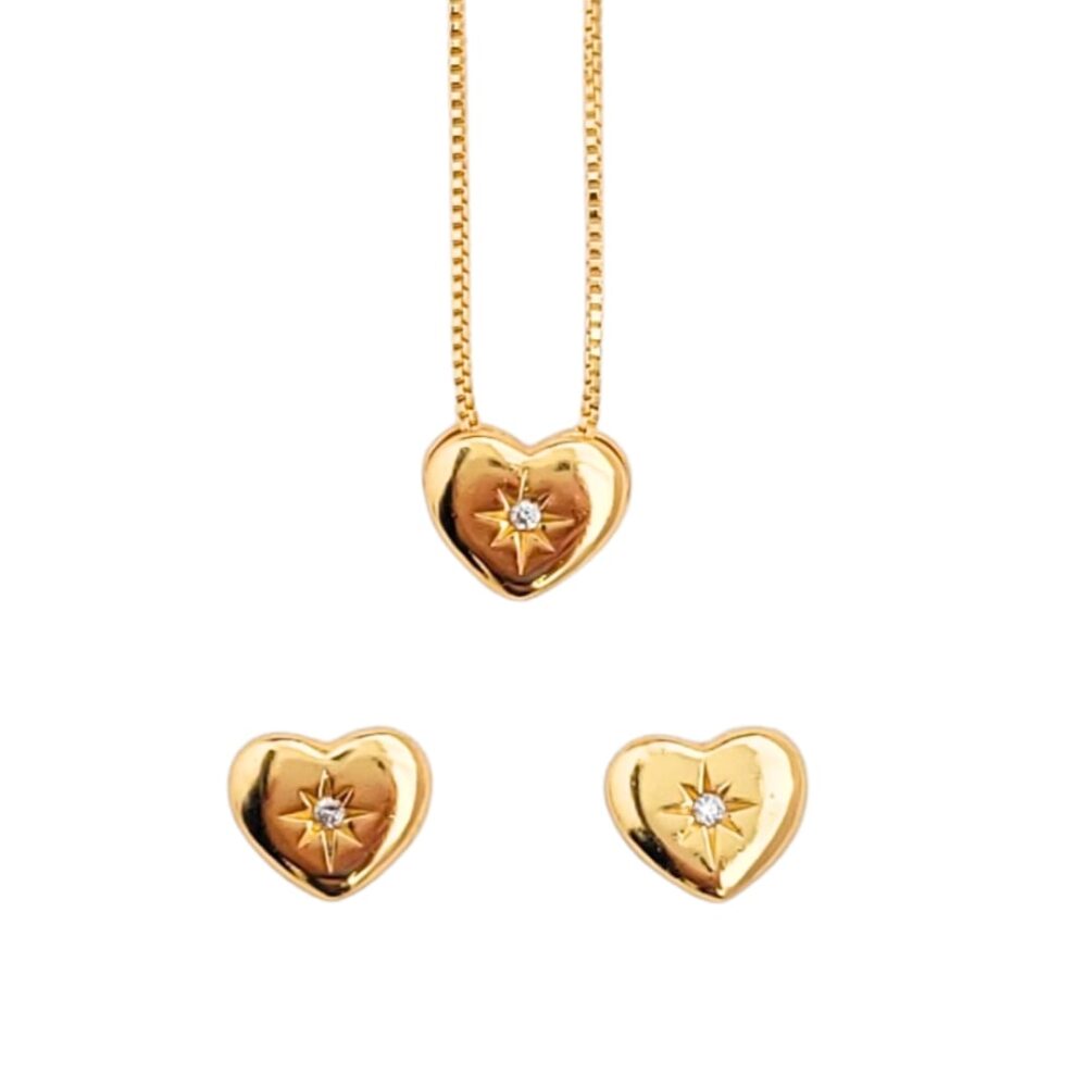 Conjunto colar e brincos coração com zircônia central banho ouro 18k