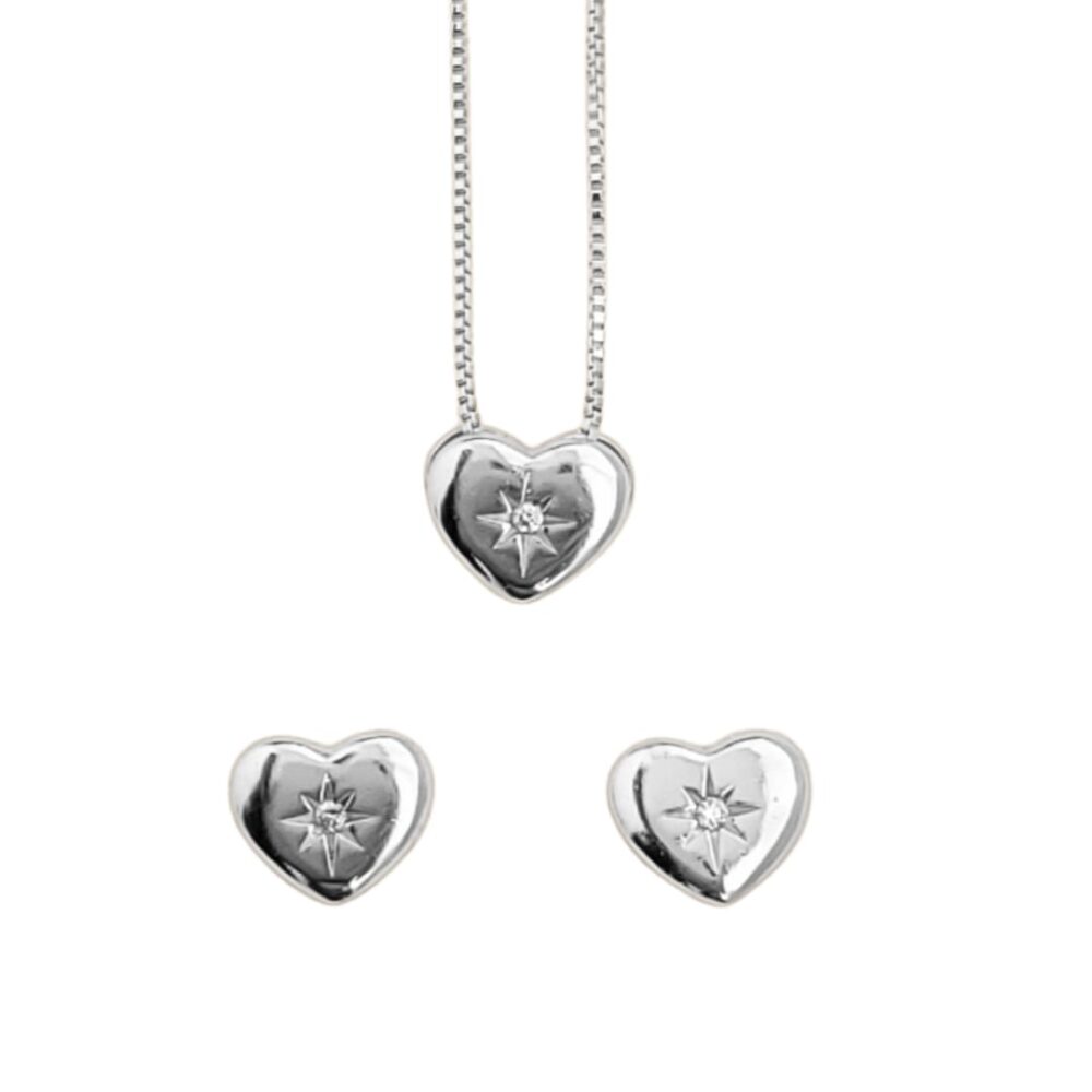 Conjunto colar e brincos coração com zircônia central banho ródio