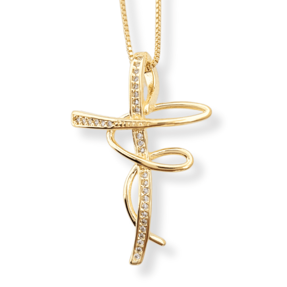 Colar pingente cruz fé cravejada zircônias cristal banho ouro 18k