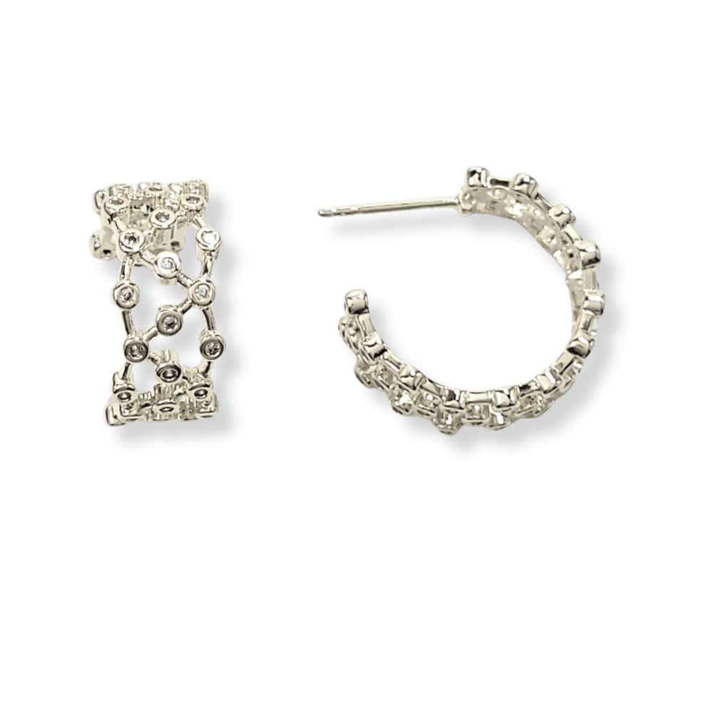 Brinco argola rendada cravejada micro zircônias cristal banho ródio