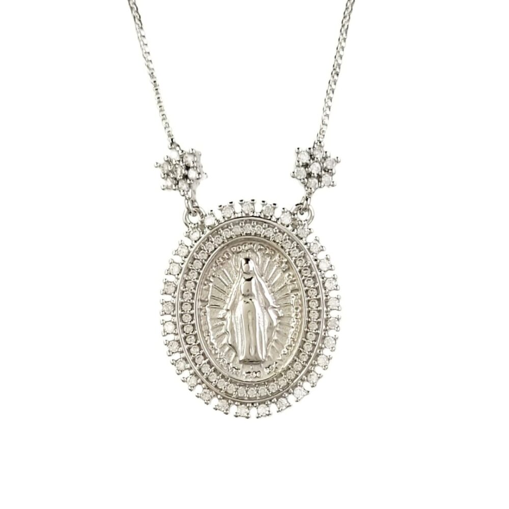 Colar medalha oval N. Sra. das Graças duplo cravejado micro zircônias cristal banho ródio