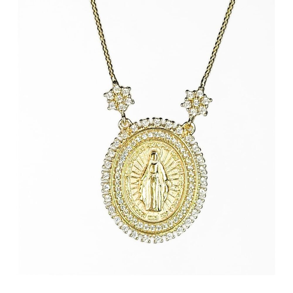 Colar medalha oval N.Sra. das Graças duplo cravejado micro zircônias cristal banho ouro 18k