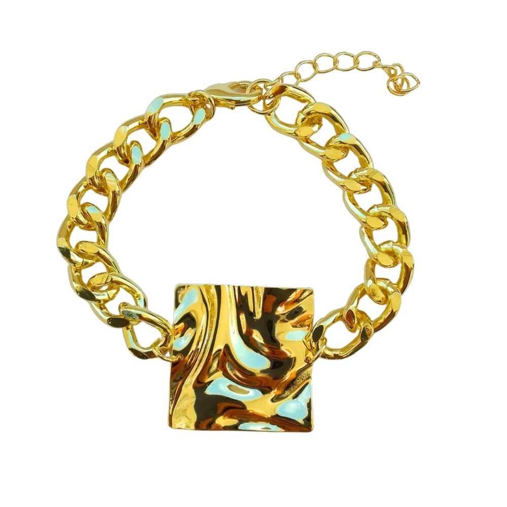 Pulseira corrente grumet com quadrado martelado banho ouro 18k