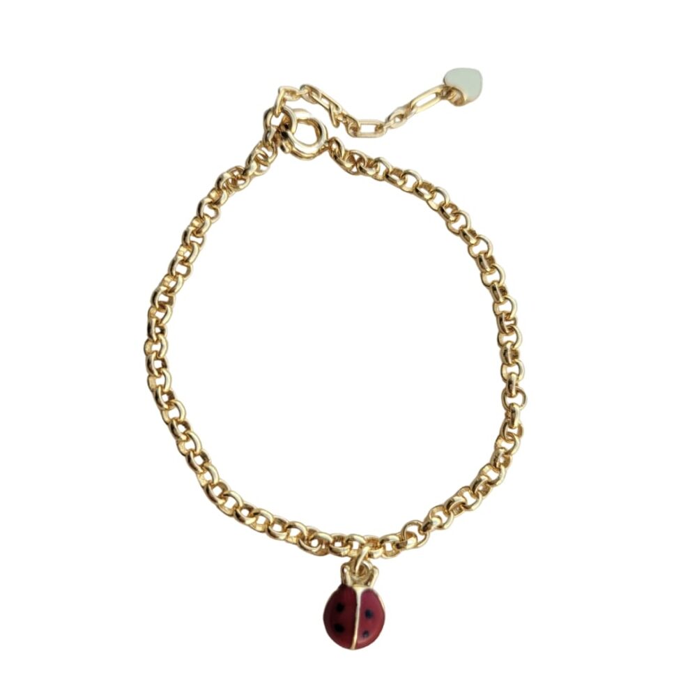 Pulseira pingente esmaltado joaninha banho ouro 18k