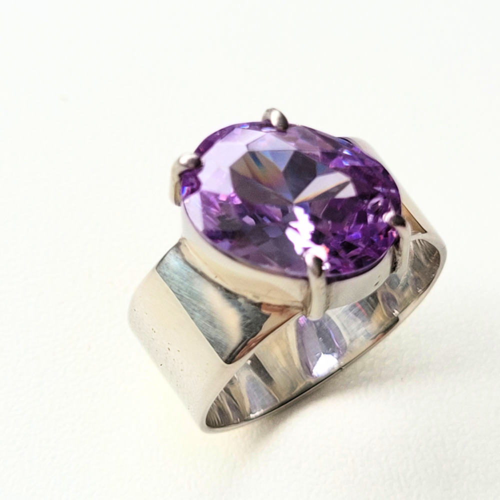 Anel largo zirconia ametista prata 950