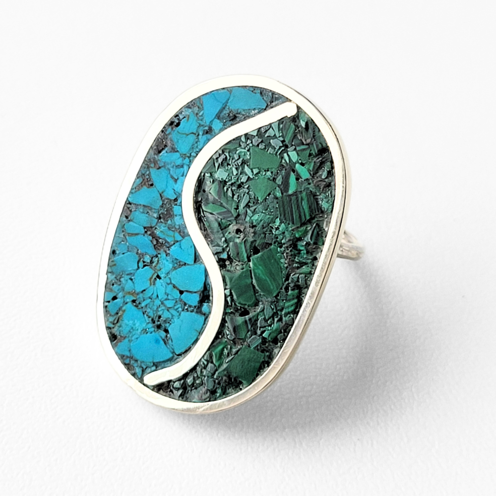 Anel inlay turquesa e malaquita prata 950