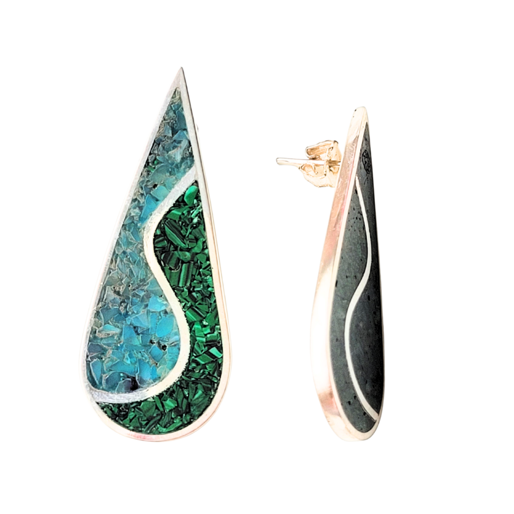 Brinco inlay turquesa e malaquita prata 950