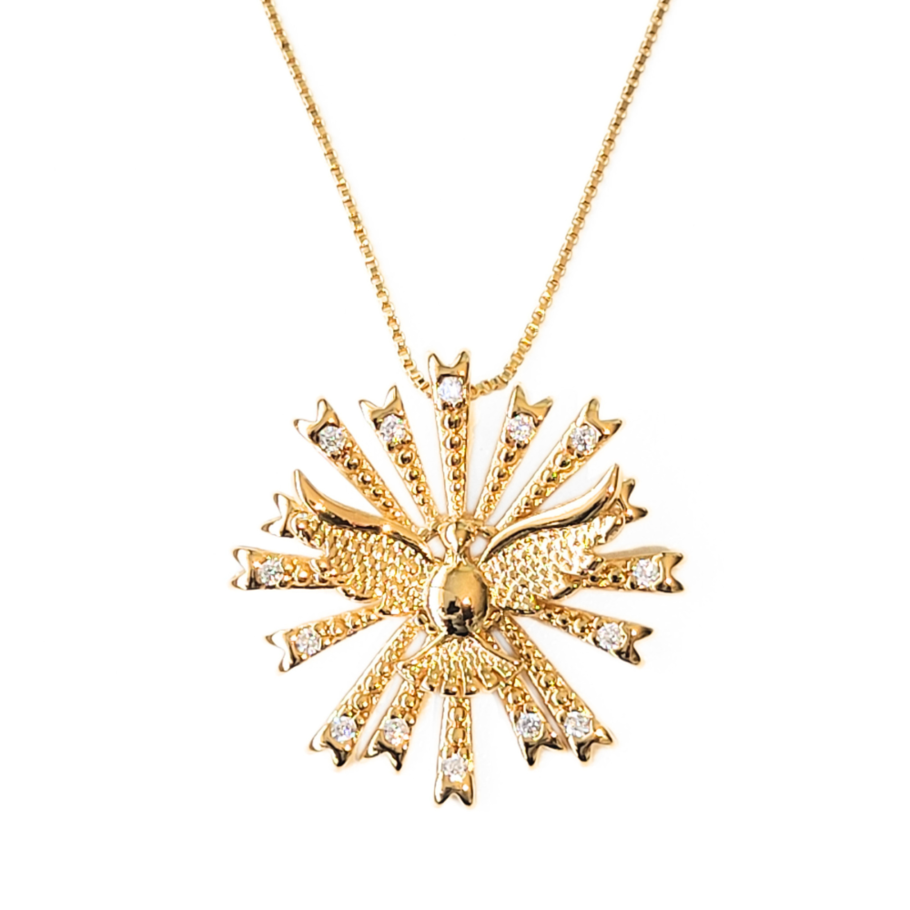 Colar Espirito Santo cravejado zirconias banho ouro 18k